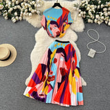 Blooming Printed Skirt Suit Women's New Thread Temperament Half-high Collar Top + Pleated Skirt Two-piece Set-Outfit
