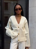 Fongt 2025 Leisurely Pure Color V-Neck Knitted Coat