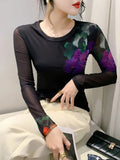 Autumn New Slim Fit T-shirt Fashion Printing Positioning Flower Round Neck Long Sleeve Top Women's Trend Tees BH9795-Outfit