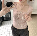 Lace Trim Square Collar Bow Short Sleeve Tee-Outfit