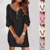 Fongt Explosion Autumn And Winter Simple Solid Color V-Neck Knitted Long-Sleeved Dress Women's Clothing