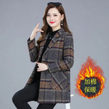 Middle-aged Women's Coats Fashion Grid Woolen Overcoat Female Autumn Winter Wool & Blends Pockets Elegant Woman Jackets