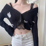 Summer V-neck Short Knitted Sweaters Korean Butterfly Thin Cardigan Long Sleeve Sun Protection Crop Top Ropa