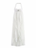 Fongt Women's Explosive Holiday Style French Romantic Fashion Lace-Up Neck Dress