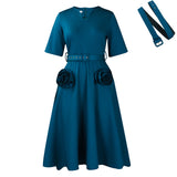 Fongt Women's 2025 Summer New Fashion V-Neck Elegant Short-Sleeved Waist A-Size Dress