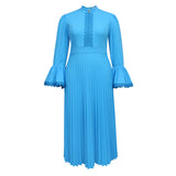 Fongt Elegant Round Collar Horn Long-Sleeved Dress Party Hundred Folds Dress Dress Dress