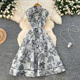 Fongt New Women's High-End Elegant Dress Women's Collar Sleeveless Single Buckle Ink Painting Long Dress
