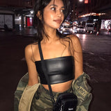Fongt Hot Style Chest With Chest Sexy Leather Solid Color Collar Sling Vest Women A Women-Outfit