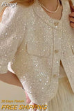 High Quality Korean Tweed Paillette Short Sleeve Jacket Coat Women Korean Fashion Sequin Short Outerwear