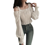 Fongt Summer Korean Chic French Style Collar Small Design Feel Folded Bubble Sleeve Short Shirt Top