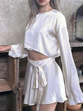 Satin Long Sleeve Buttoned Crop Blouse-Outfit