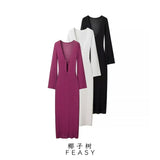Fongt Women's ZA Autumn And Winter New V-Neck Horn Sleeve Long Buckle Dress