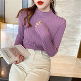Fongt Winter Half-High Sweater Women Long Sleeve Pure Color Spring And Autumn Pit Stripe Loose Knitted Bottom