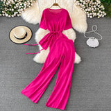 Suit Goddess Fan Irregular Round Collar Knit Blouse Two-Piece Set Of High Waist Thin Wide Leg Trousers-Outfit