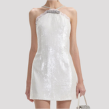 White Sequin Halter Mini Dress-Outfit