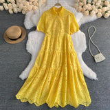Version Dress Summer Lapel Hollowed-Out Embroidery Aging Bubble Sleeve Loose Medium And Long Bohemian Holiday Dress-Outfit