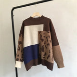 Leopard Patchwork Cashmere Sweater Women Loose Casual Knitted Pullovers Autumn Soft Knitwear Female Retro