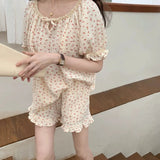 Print Summer Pajamas Set Women Shirts Tops + Shorts Set Two Piece Ruffles Sweet Home Suit Home Clothes