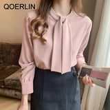 S-2XL OL Pink Blouse Women Elegant Solid Color Shirt Long Sleeve College Style Casual Loose Blouse Plus Size