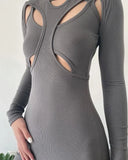 2021 Fall New Style Rib Black Dresses Women Sexy Cut Out Bodycon Soft Mini Vestidos Lady Elegant Long Sleeve