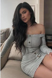 Color Off Shoulder Long Sleeve Sexy Slash Neck