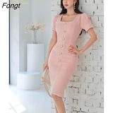 Han Queen Elegant Office Pencil Dress Women Summer Sheath Dresses Simple Single-breasted Knee-Length Party Bodycon
