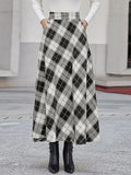 Fongt Autumn Lady High-Rise Thin Lattice A-Shaped Skirt Party Casual Loose Swing Umbrella Skirt