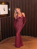 Red Lace Flower Halter Mermaid Style Maxi Dress-Outfit