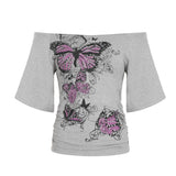 Fongt Niche Design Sense Retro Print Shoulder Short-Sleeved T-Shirt Hottie Side Shoulder-To-Shoulder-To-Shoulder-To-Shoulder-To-Wear Blouse