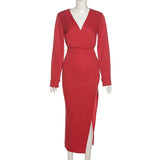 V Neck Long Sleeve Midi Dresses High Split Autumn 2021 Vintage Chic Party Wear Elegant Female White Aesthetic