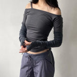 Fongt Stitching Rope Tie Function Wind A Word Collar Top Female Shoulder Solid Color Slim Versatile Top-Outfit