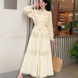 Fongt Wooden Ear Collar Buckle Tie With Long Hollow Lace Splicing French Bubble Sleeve Dress