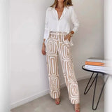 Fongt Summer Women's Casual Long Sleeve Lapel Shirt Print Wide-Leg Pants