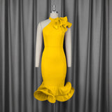 Fongt Half-High Collar Lotus Leaf-Side Dress Sided Shoulder Lotus Hem Banquet Evening Dress Dresses