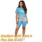 PINK Letter Print Gradient Two Piece Sets Women Round Neck Short Sleeve Top + Shorts Tracksuits Summer Fashion