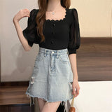 Fongt Korean Version Of The Small Fragrant Collarbone Design Shirt Short Bubble Sleeve Ice Silk Knitted Short-Sleeved T-Shirt