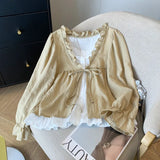 Aesthetic Patchwork Bow Tie Long Sleeve Blouse-Outfit