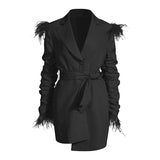 TWOTWINSTYLECasual Ruched Blazer Dress For Women Notched Long Sleeve High Waist Lace Up Bowknot Patchwork Tassel Dresses