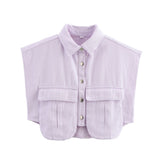 Fongt Color Women's Clothing 2025 Spring Solid Color Big Pocket Sleeveless Polo Collared Denim Shirt Blouse