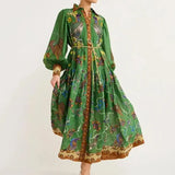 Fongt Women's New Retro Print Lantern Sleeve Waist Large Hem Dress