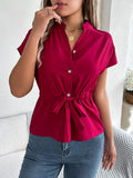 Shooting 2025 Spring And Summer Leisure Solid Color Button Drawstring Short-Sleeved Shirt