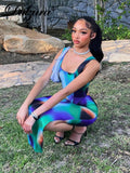 Women Y2K Clothes Tie Dye Print 2 Piece Set Sleeveless Backless Corset Crop Top High Waist Bodycon Maxi Skirt Suit