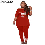 Size Casual Sport 2 Piece Set XL-4XL 5XL PINK Letter Print Women's Set Summer Loose Top+Lounge Pants Suit Tracksuit