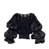 Lace Design Sense Shirt French Niche Lantern Sleeve Temperament Slim And Short Style Blouse-Outfit