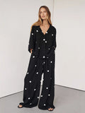 Fongt East New Women's Fashion Casual Chiffon Print Blouse Broad Leg Trousers Set