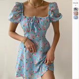 Fongt Women's Summer French Bubble Sleeves Crush Flower Dopamine Wear Dresses Women's Elegant Bubble Sleeve Dress