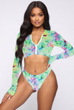 Fongt New Tie-Dye Multi-Color Print Long Sleeve Split Bikini