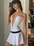 White Tube V-neck Contrast Pleated Mini Dress-Outfit