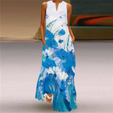 Printed Sleeveless Maxi Dress Women Casual V-neck Robe Dresses Female Plus Size Beach Holiday