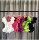 Chiffon Tanks Summer Female Plain Color Square Collor Sweet Camisole Woman Ruffles Straps Camis Tops-Outfit